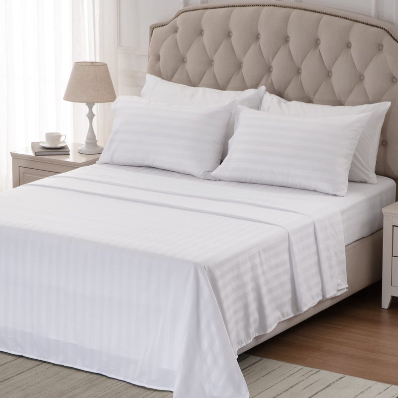 SLEEP ZONE Striped Cooling Sheets Set Full Size - Fitted Flat Sheet & Pillowcase Sets 4 Piece - Super Soft Stripe Bed Sheet, Easy Care, Deep Pocket (White, Full) - Image 5
